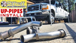 2001 F350 73  RiffRaff UpPipes Install  Stock up pipes leaking and falling apart JUNK SP [upl. by Ten804]