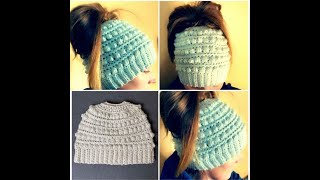 How To Crochet A Textured Bobble Messy Bun Hat [upl. by Sirromad]